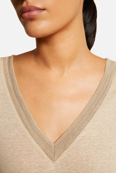 T-shirt manches courtes à col en V beige femme
