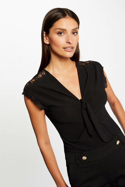 T-shirt manches courtes avec noeud noir femme