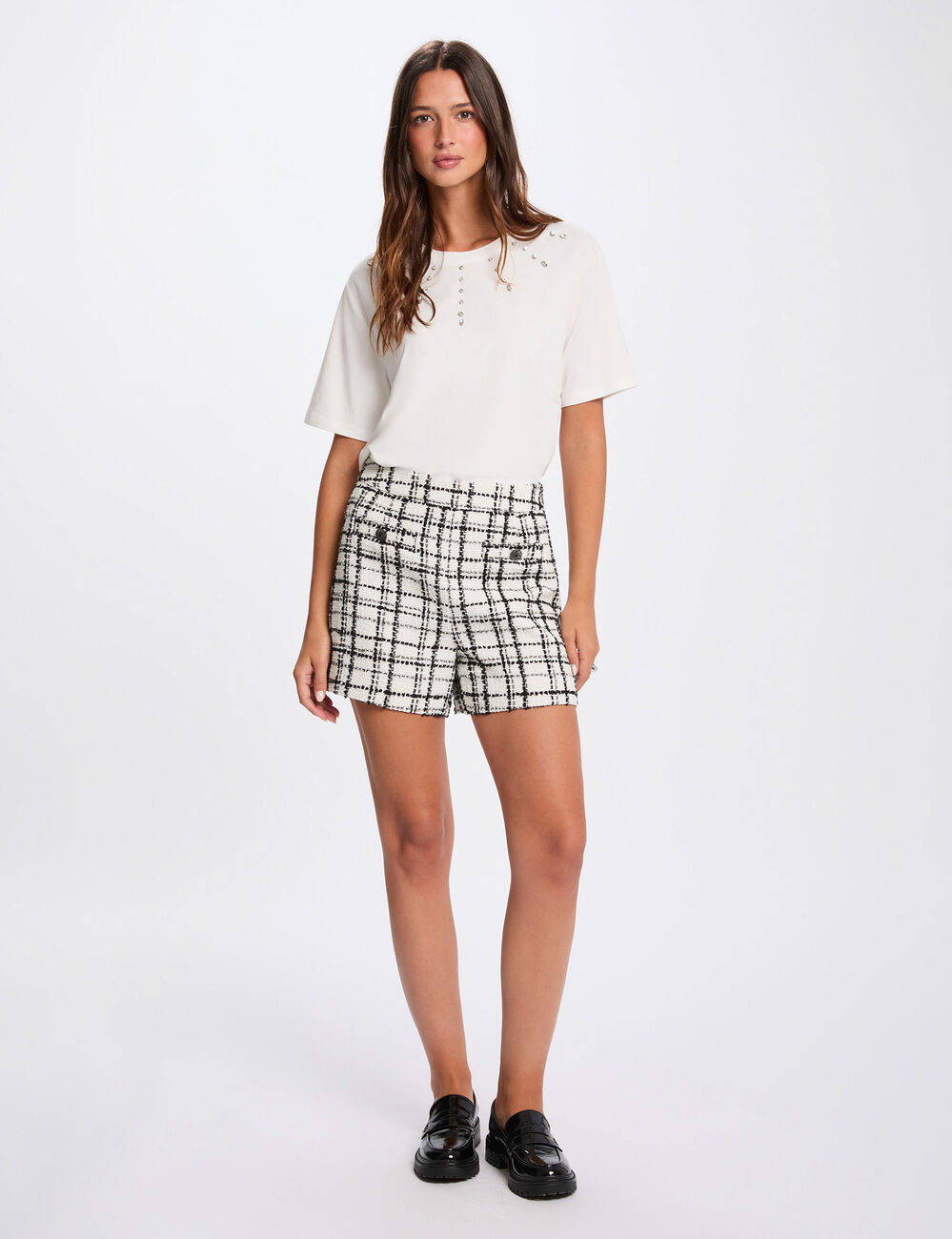 Short tweed taille haute multicolore femme