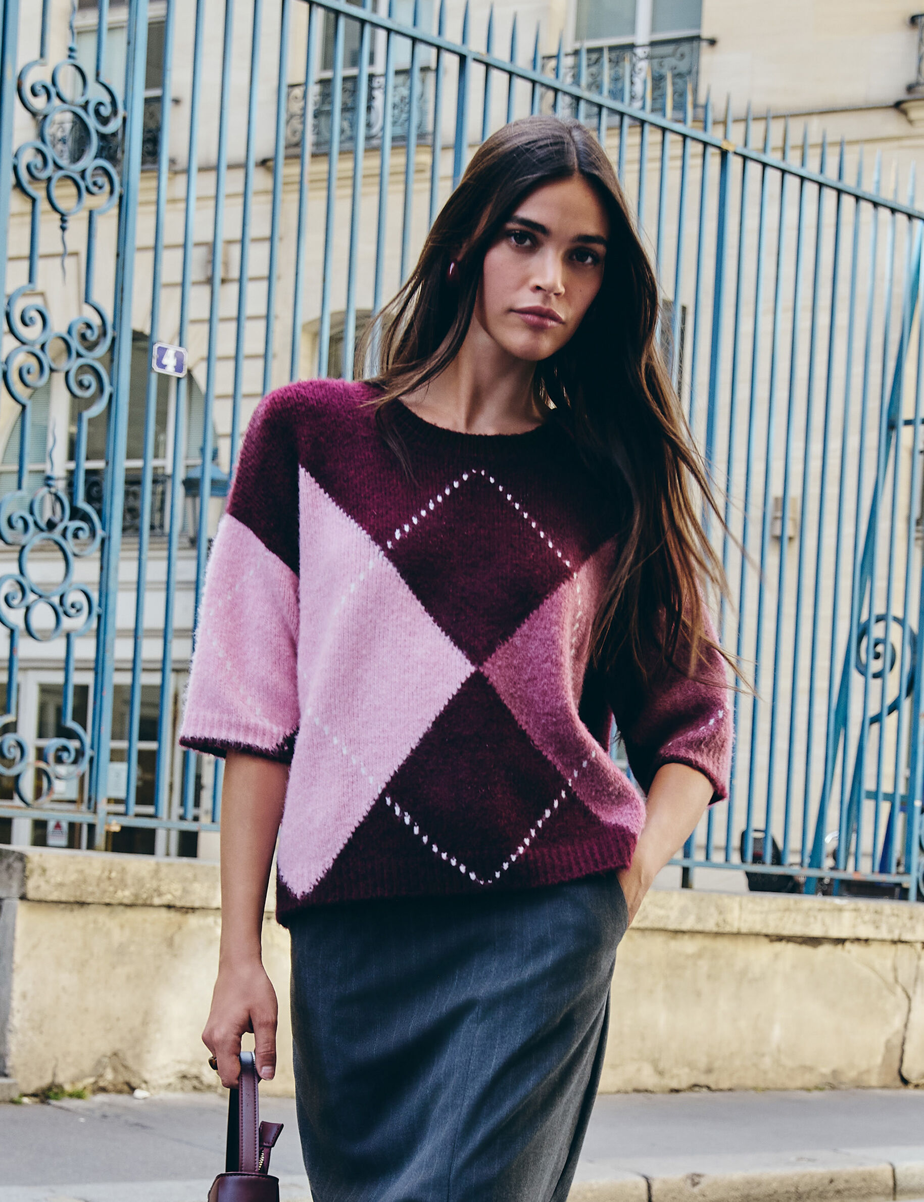 Pull jacquard col rond femme