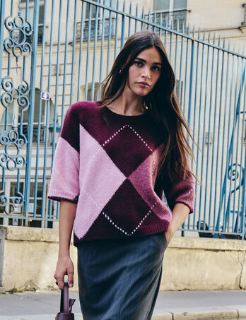 Pull jacquard col rond prune femme