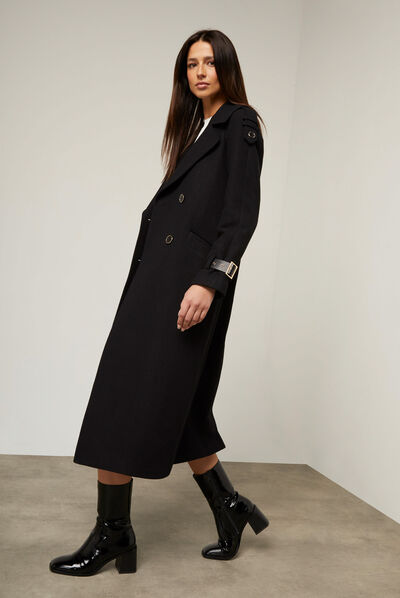 Manteau long cintr&eacute; d&eacute;tails simili cuir noir femme