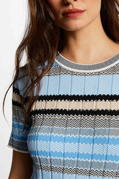 Pull manches courtes à rayures ciel femme