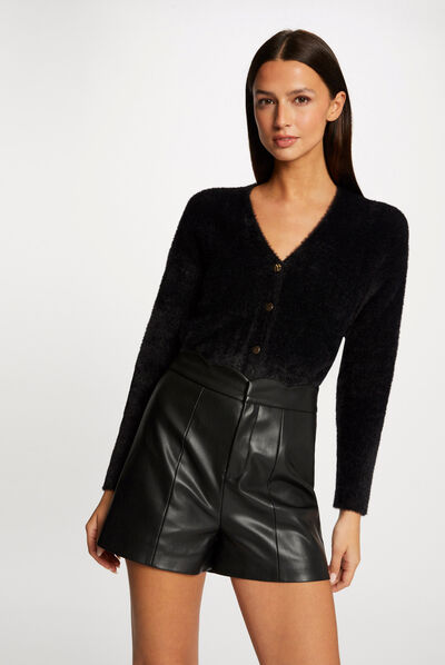 Gilet manches longues avec col en V noir femme