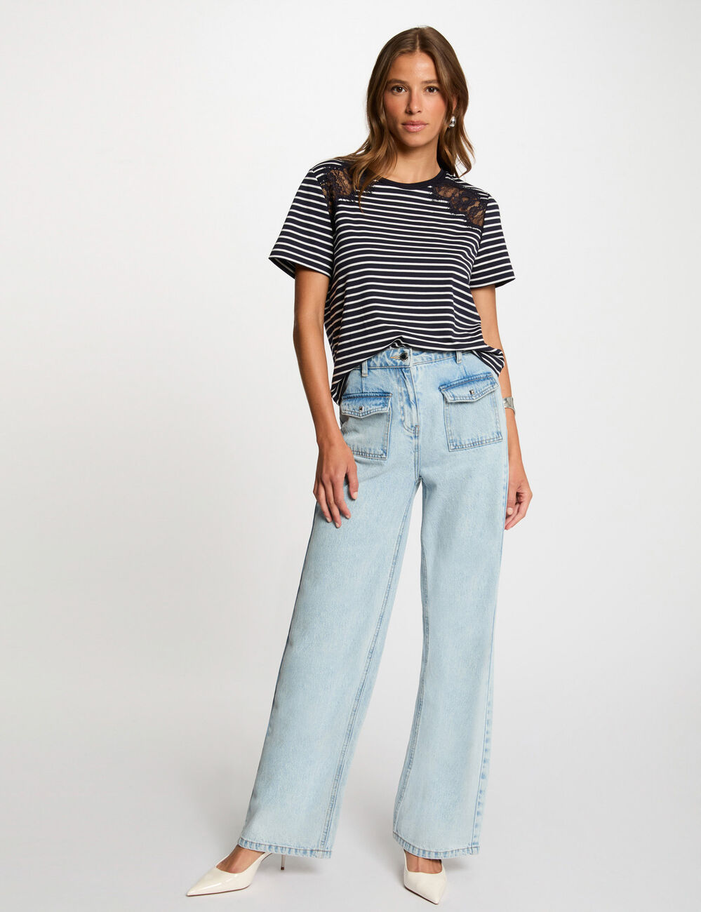 T-shirt manches courtes ray&eacute; bleu marine femme