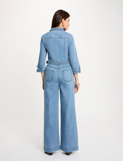Combinaison jean jambes larges denim stone femme