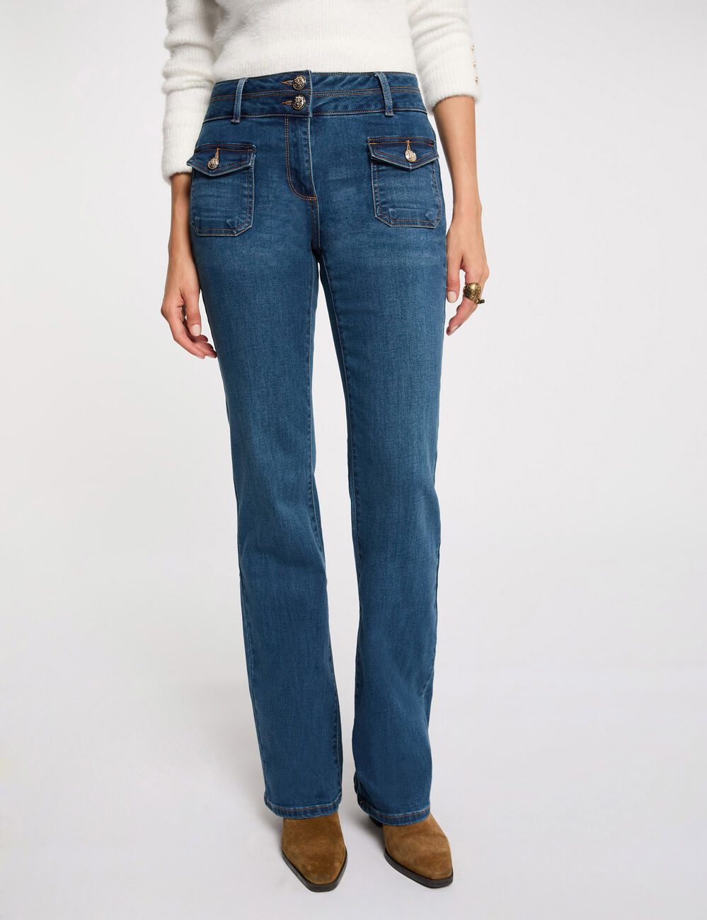 Jeans bootcut poches &agrave; boutons denim stone femme
