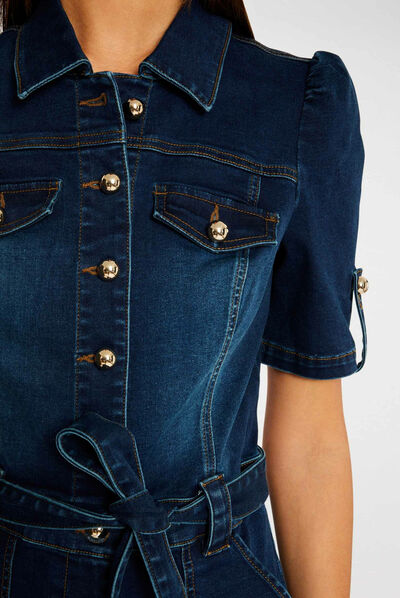 Combishort boutonnée à ceinture jean brut femme