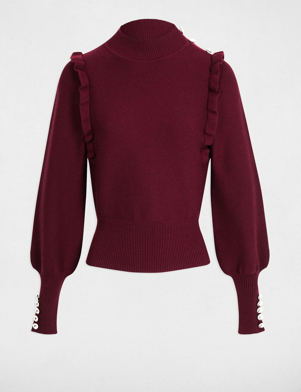 Pull manches longues avec volants prune femme
