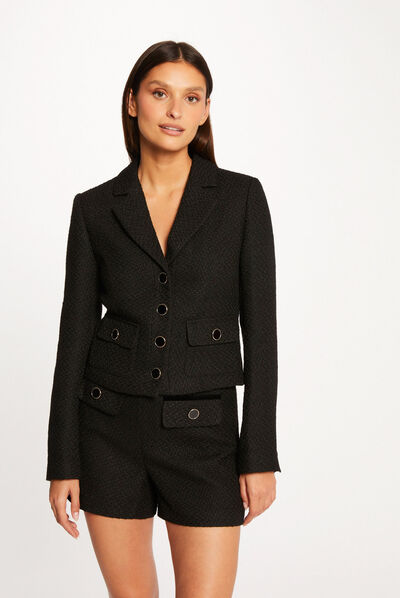 Veste courte cintrée boutonnée noir femme