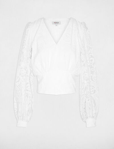 Blouse jacquard col v blanc femme