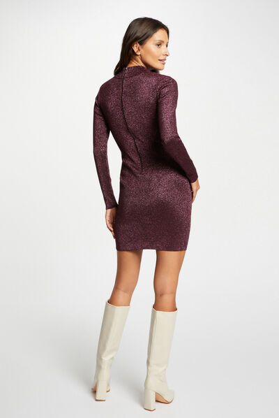 Robe pull ajustée fils métallisés prune femme