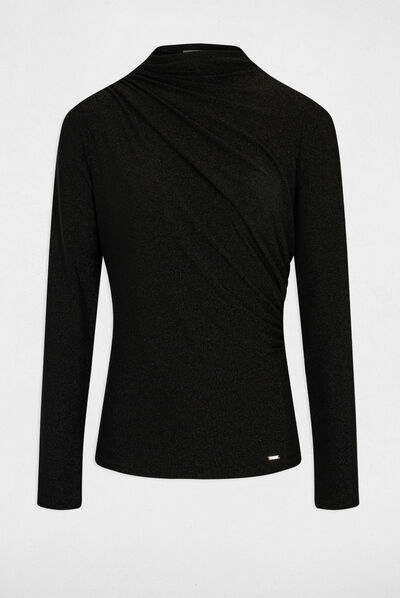 T-shirt manches longues fils métallisés noir femme
