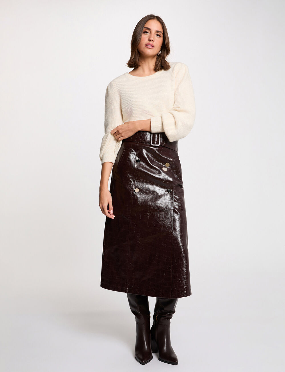 Jupe longue ceintur&eacute;e prune femme