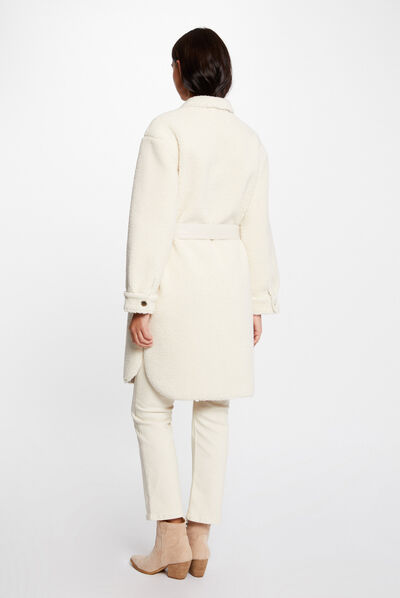 Manteau droit imitation fourrure ivoire femme