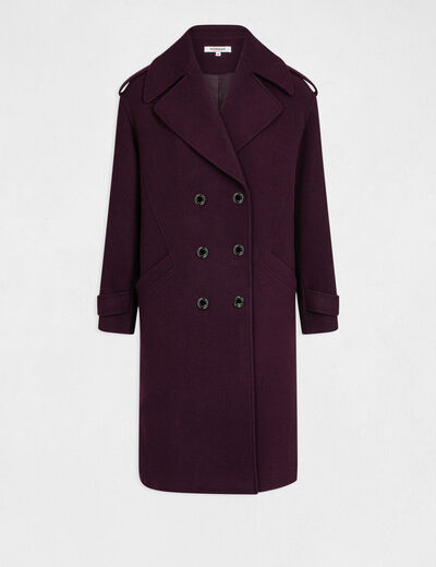 Manteau long droit double boutonnage violet fonce femme
