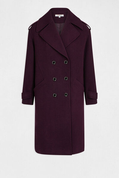 Manteau long droit double boutonnage violet fonce femme