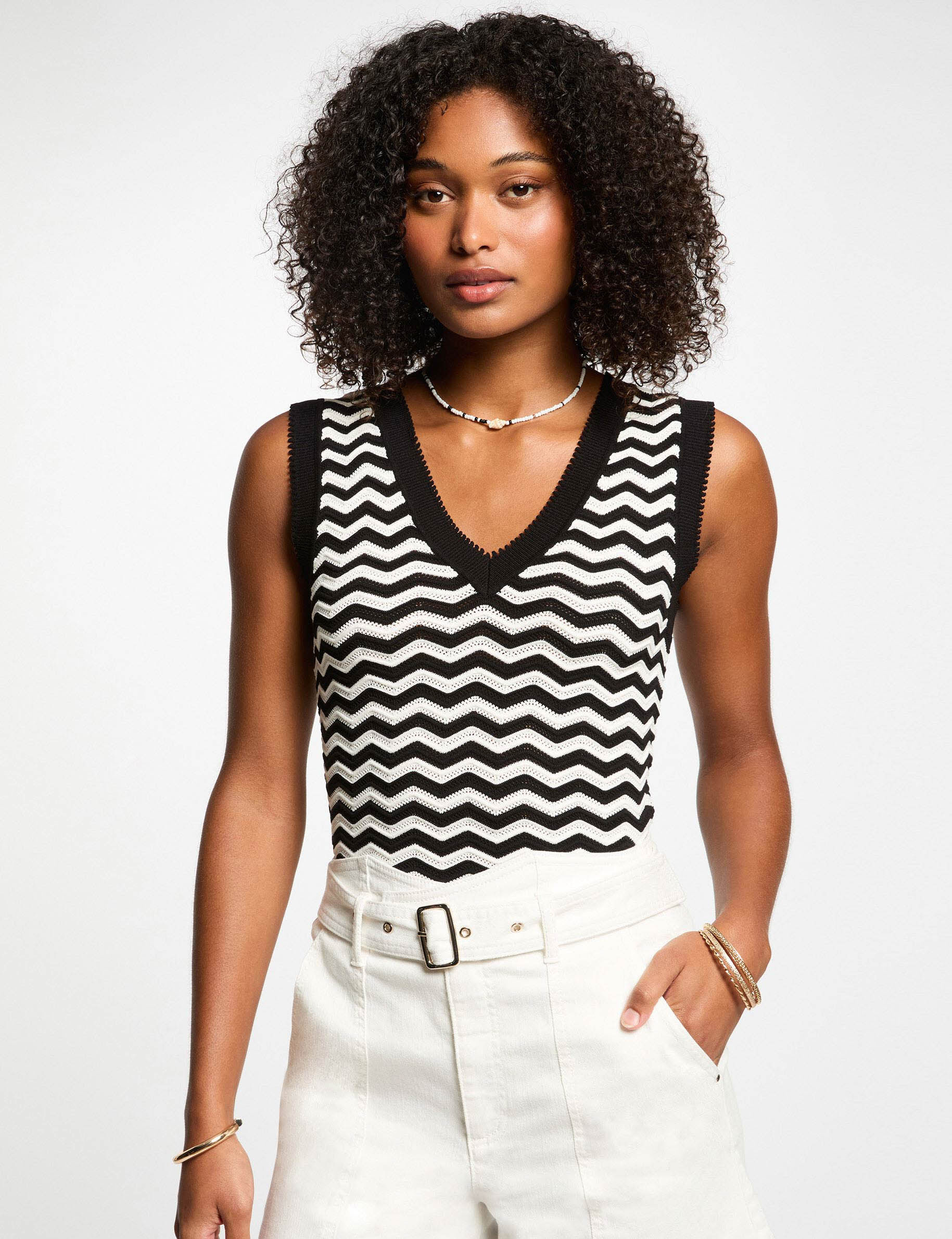 Top maille sans manches rayé femme