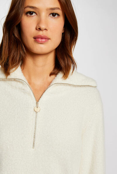Pull manches longues à col zippé ivoire femme