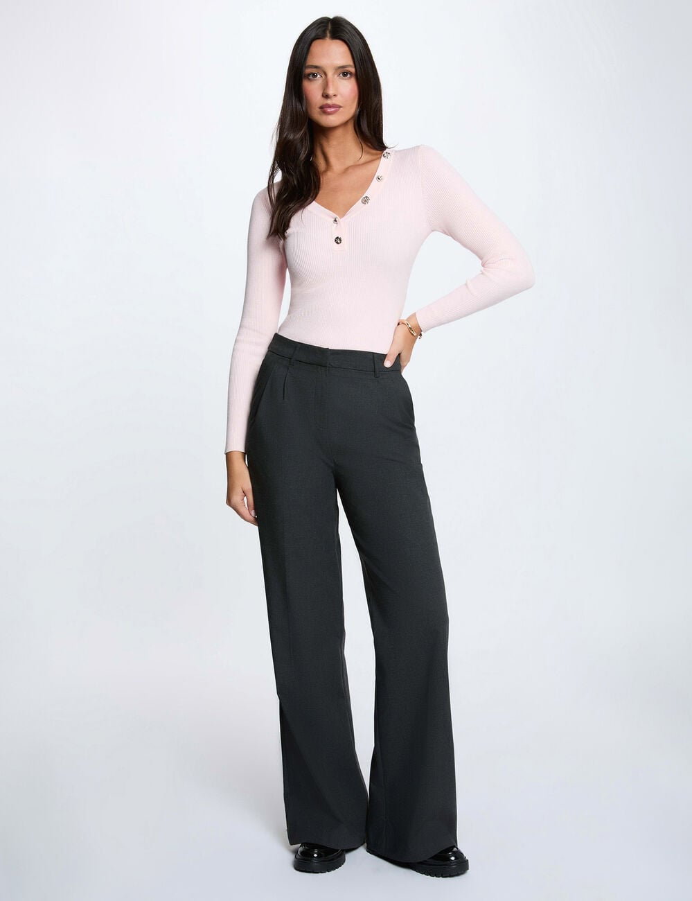 Pull col v fantaisie rose clair femme