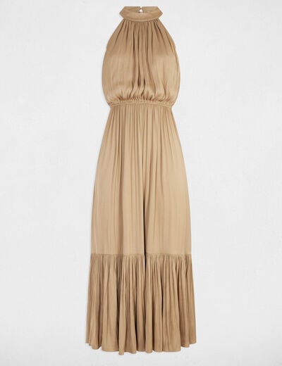Robe longue col montant beige femme