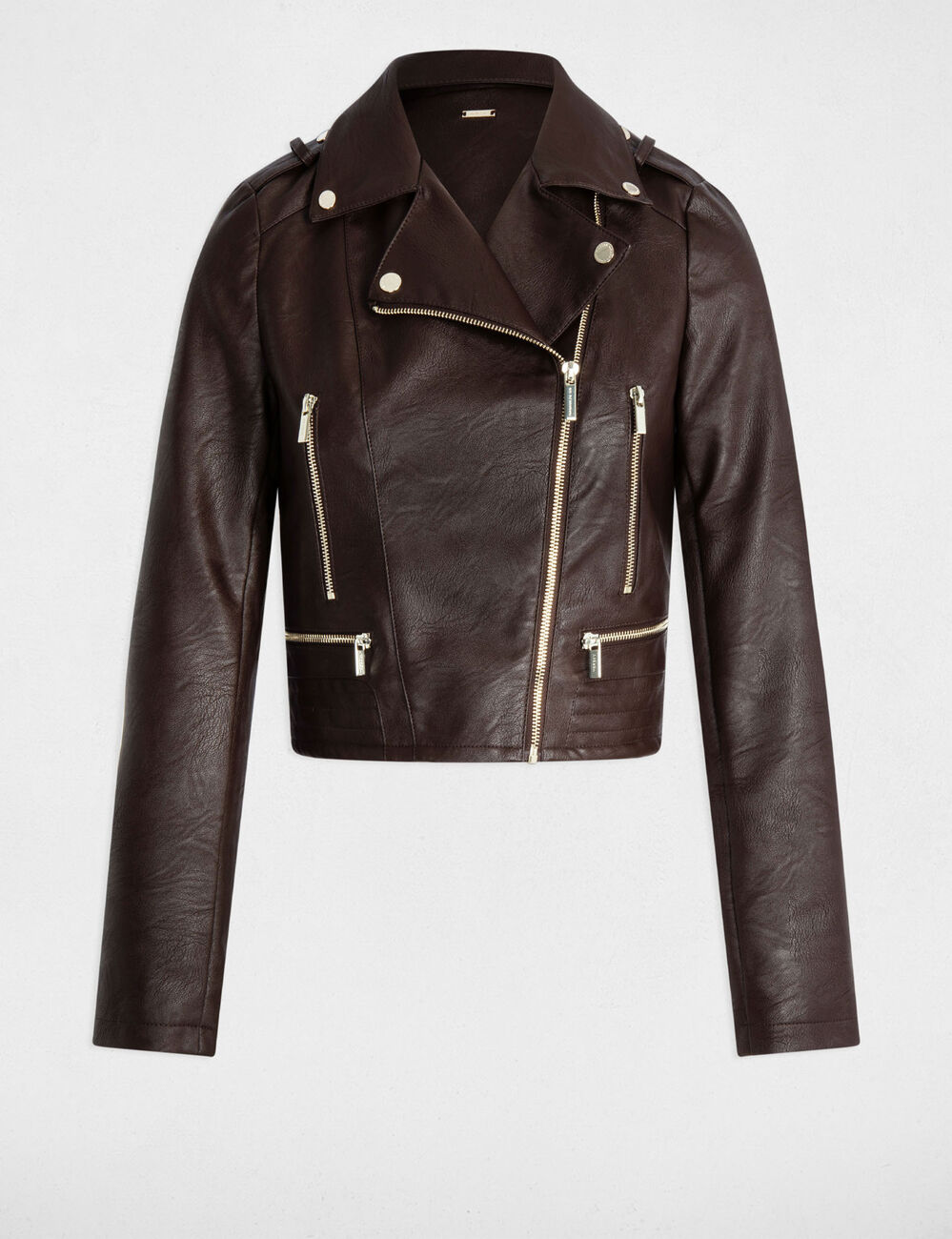Blouson droit avec col crant&eacute; &agrave; revers marron fonc&eacute; femme