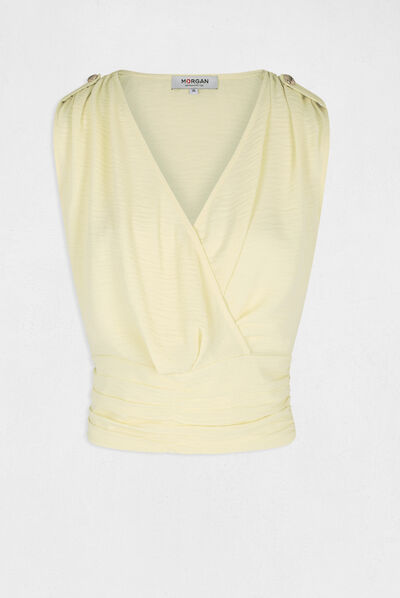 Blouse sans manches à col cache-coeur jaune paille femme