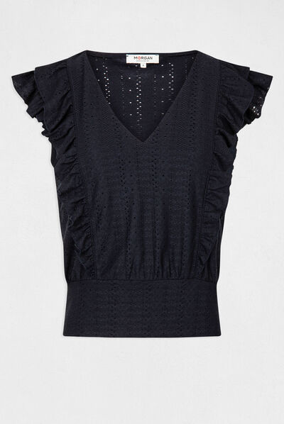 T-shirt manches courtes brodé à volants marine femme