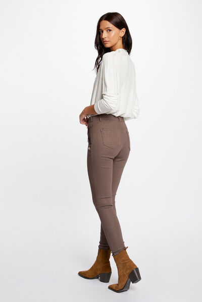 Pantalon skinny enduit à ponts taupe femme
