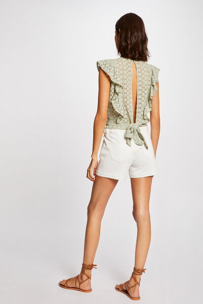 T-shirt manches courtes en dentelle vert clair femme