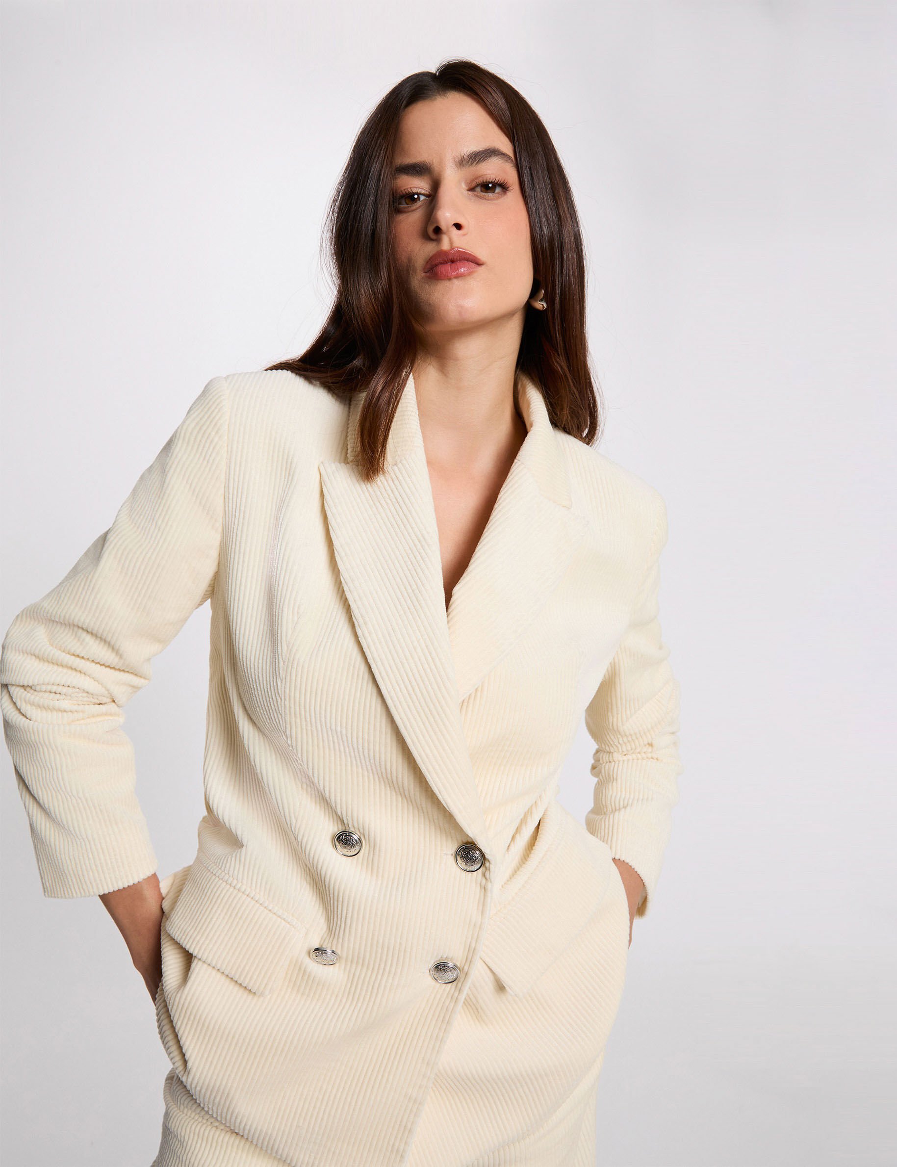Veste velours col tailleur ecru femme