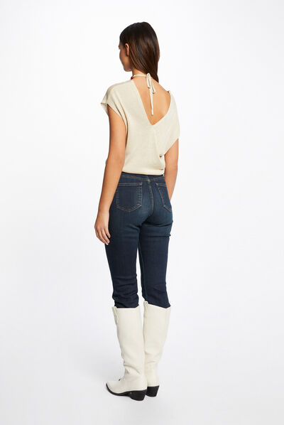 Pull manches courtes avec perles beige femme
