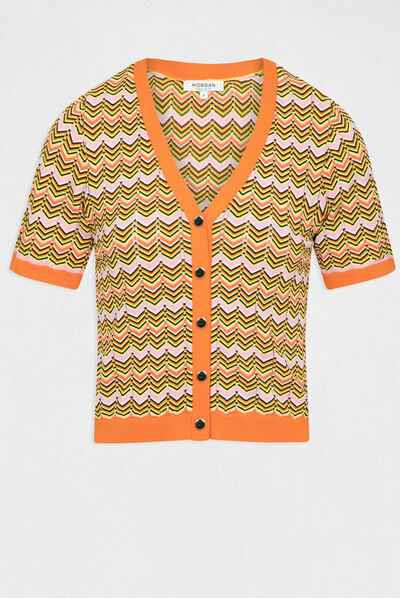 Pull manches courtes imprimé chevron orange femme