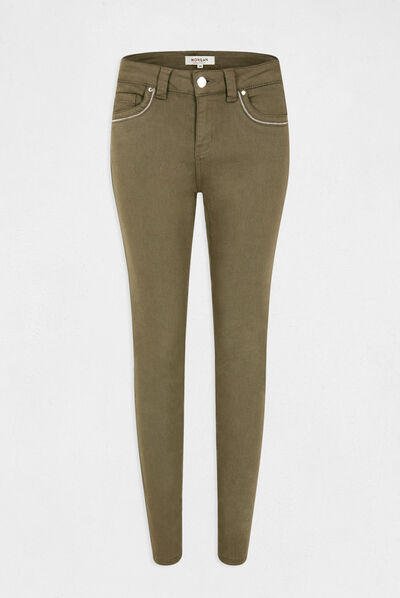 Pantalon slim avec détails bijoux vert kaki femme