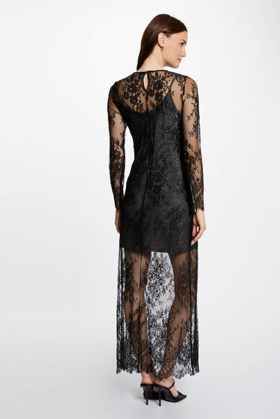 Robe longue droite en dentelle noir femme