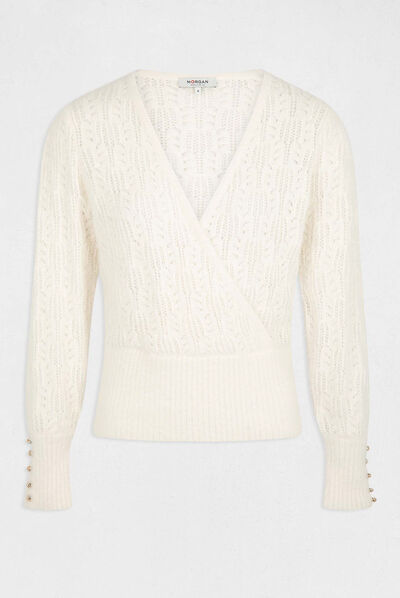 Pull manches longues à col cache-coeur ivoire femme