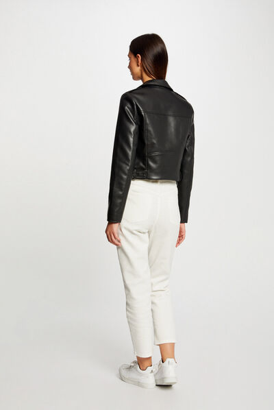 Blouson droit zippé simili cuir noir femme