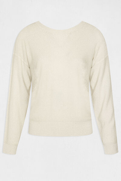 Pull manches longues à col rond ivoire femme