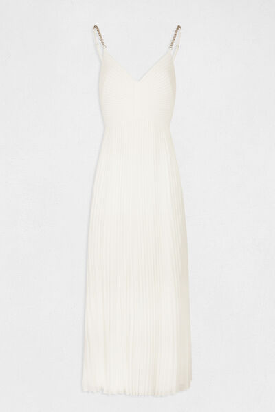 Robe longue évasée plissée à dos nu ecru femme