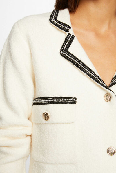 Gilet manches longues à détails bijoux ivoire femme
