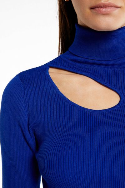Pull manches longues à ouverture bleu electrique femme