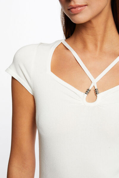 Pull manches courtes encolure coeur ecru femme