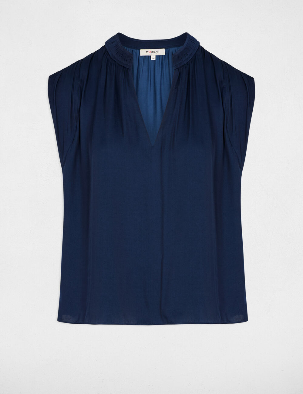 Blouse manches courtes satin bleu marine femme