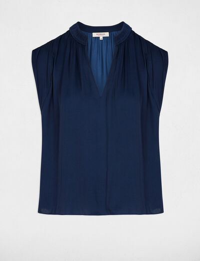 Blouse manches courtes satin bleu marine femme