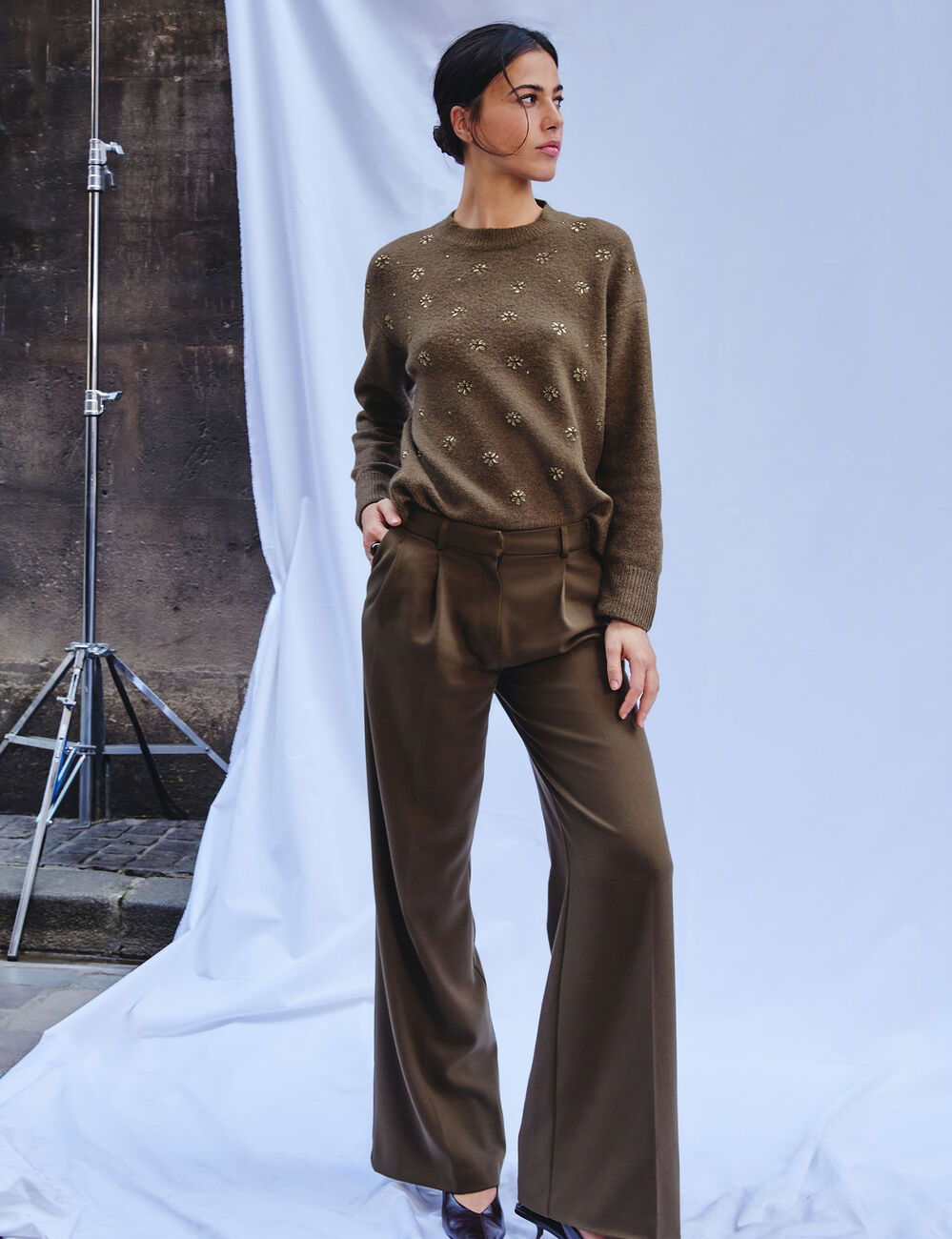 Pantalon large taille haute vert kaki femme