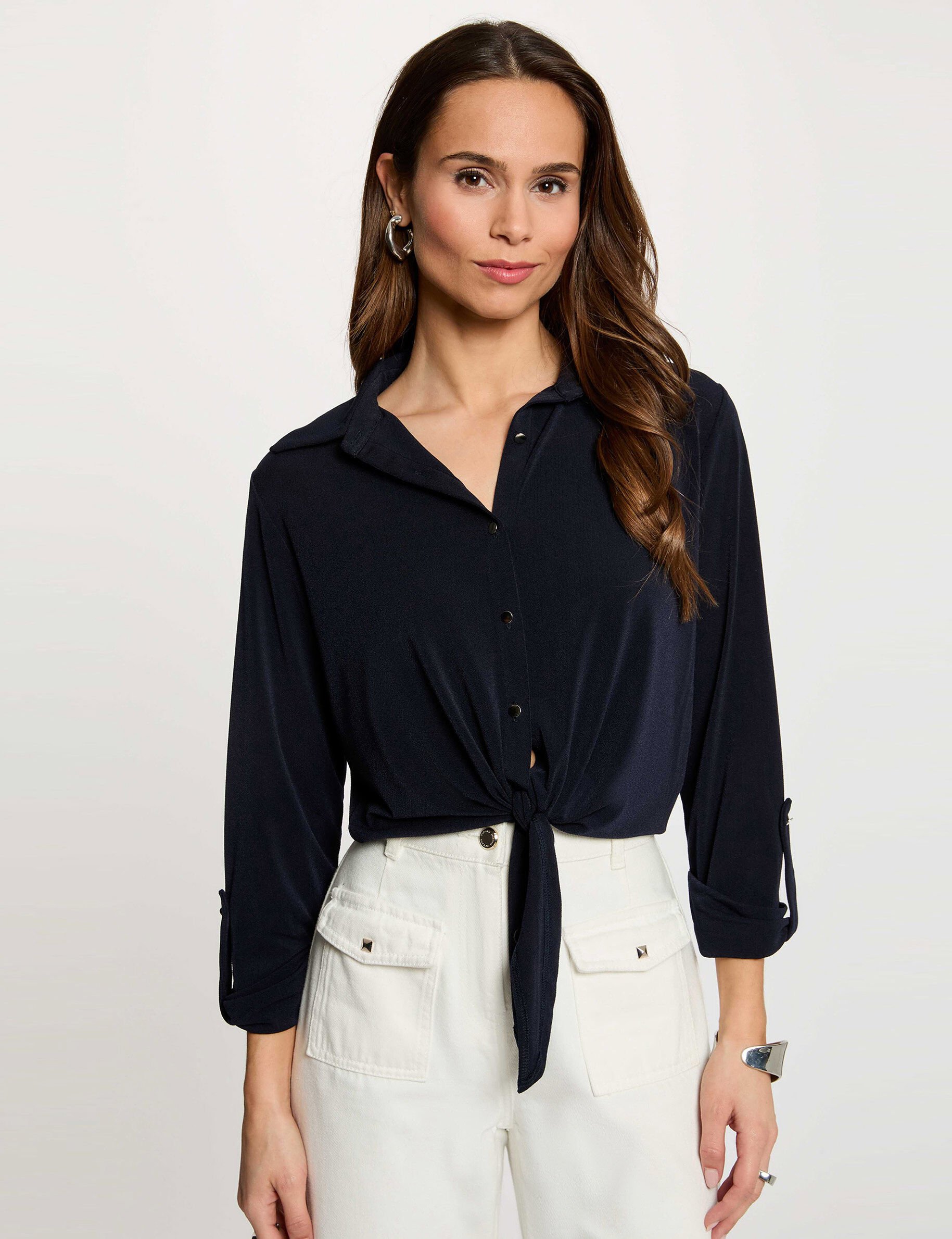 Chemise col à revers bleu marine femme Chemise col à revers bleu marine femme