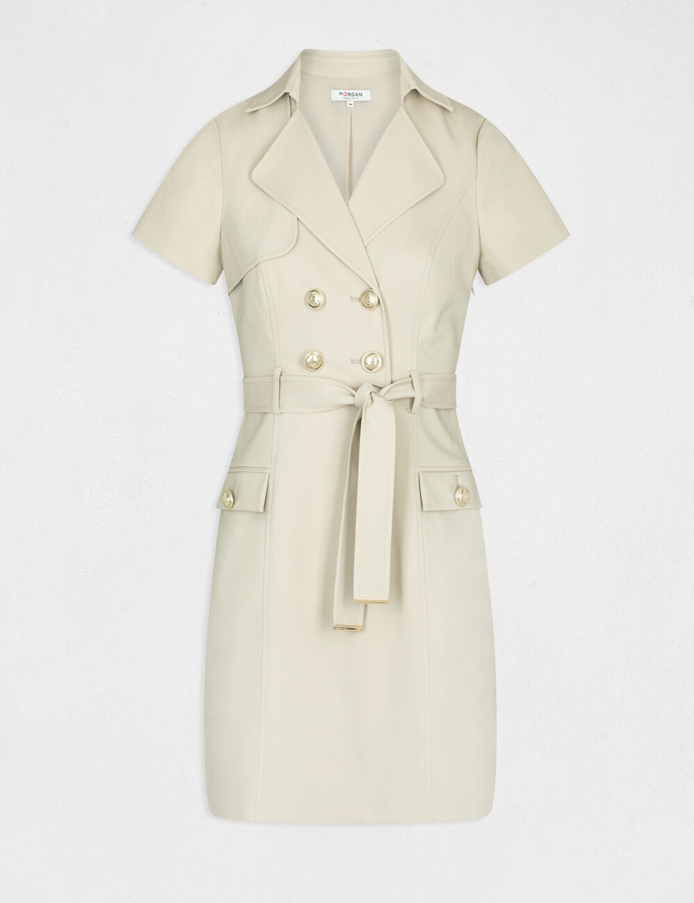 Robe droite boutonn&eacute;e ceintur&eacute;e beige femme