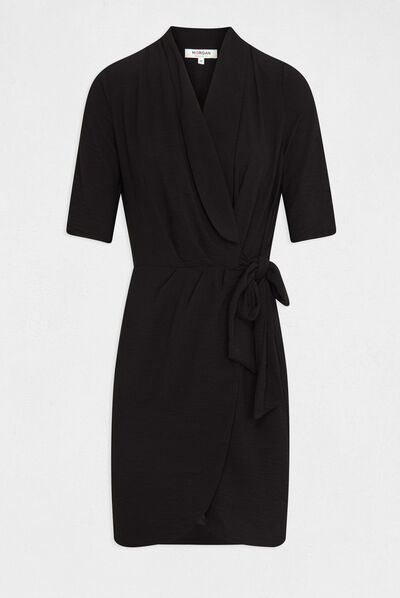 Robe portefeuille manches 3/4 noir femme