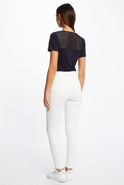 T-shirt manches courtes à dentelle marine femme
