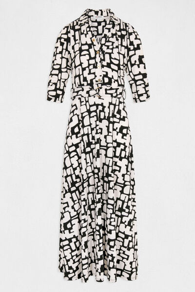 Robe longue évasée imprimé abstrait ecru femme